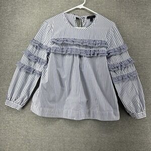 J Crew Tiered Ruffle Sleeve Top Women Size 6 Blue Striped Casual Long Sleeve